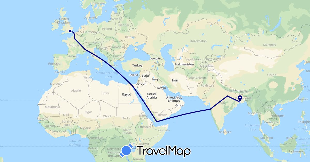 TravelMap itinerary: driving in Egypt, France, United Kingdom, India, Italy, Yemen (Africa, Asia, Europe)